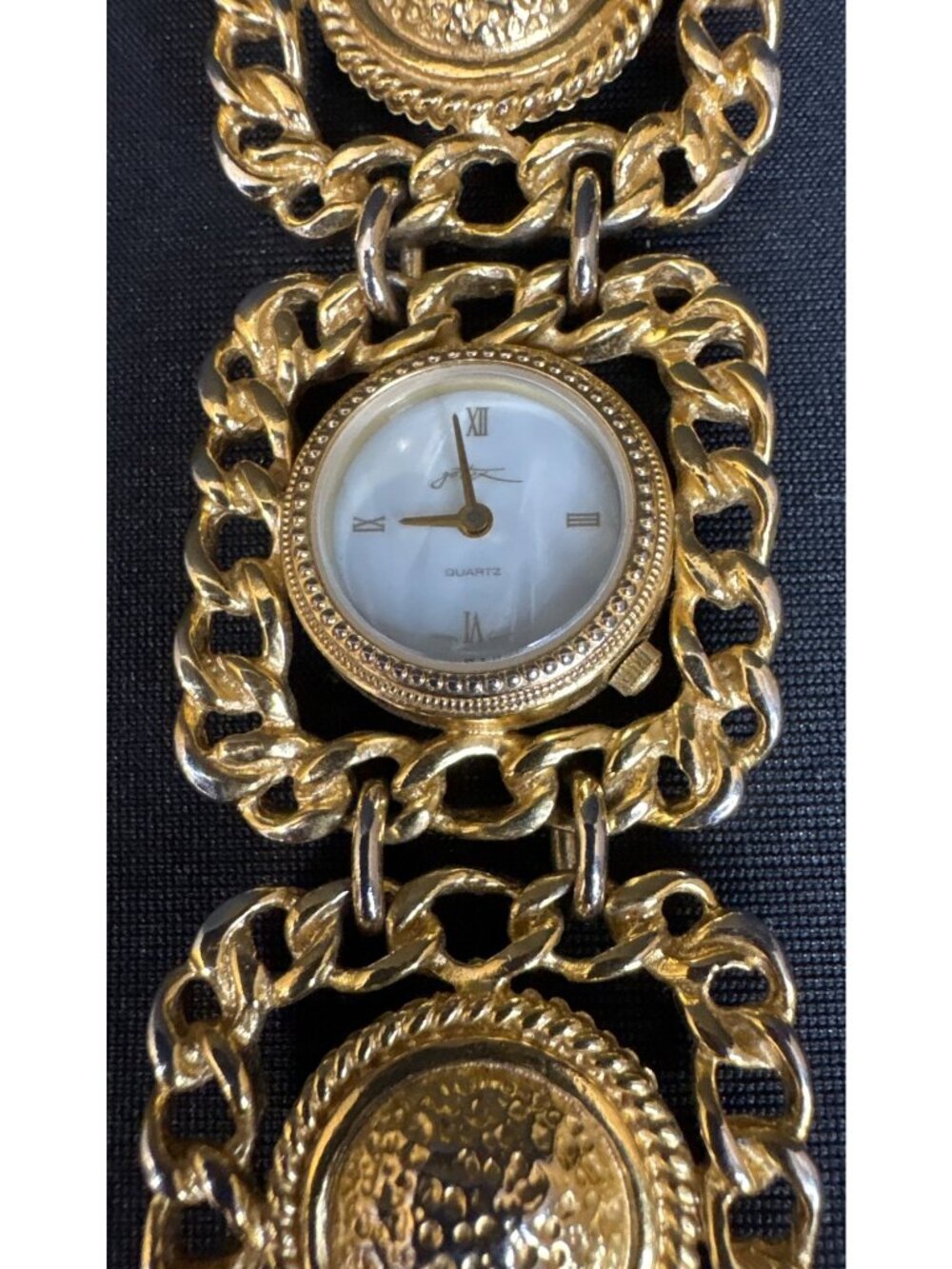 Vintage Gold-Tone Quartz Bracelet Watch With Textured Links & Roman Numeral Dial - Picture 2 of 9